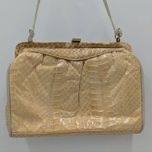 Vintage Palizzio Genuine Snakeskin Handbag Gold Frame Purse Exotic Leather Brown